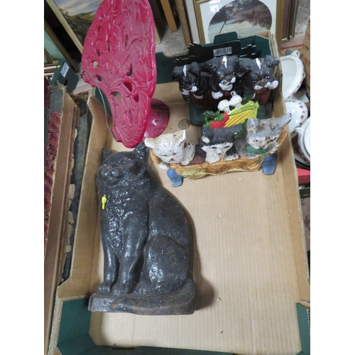 107 - A TRAY OF CAST IRON TO INCLUDE A BLACK CAT DOORSTOP ETC