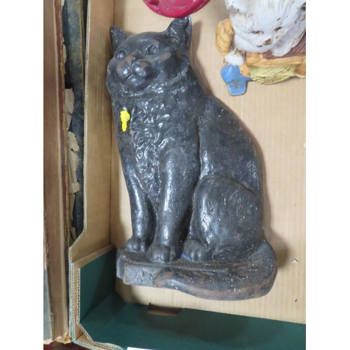 107 - A TRAY OF CAST IRON TO INCLUDE A BLACK CAT DOORSTOP ETC