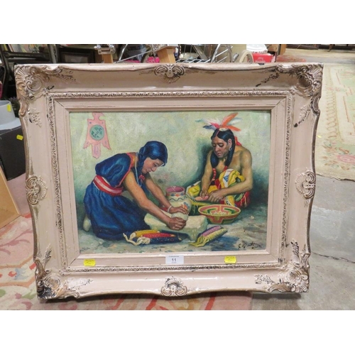 11 - INDISTINCTLY SIGNED OIL ON BOARD STUDY OF TWO NATIVE AMERICAN INDIANS