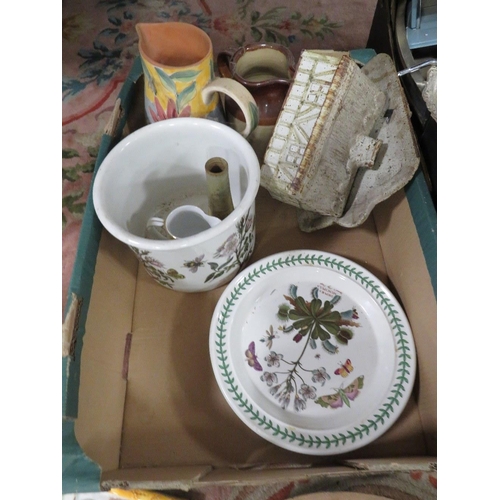 117 - A TRAY OF ASSORTED CERAMICS TO INCLUDE A PORTMEIRION PLANTER