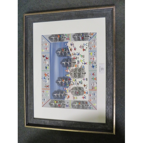 13 - GORDON BARKER A FRAMED AND GLAZED MIXED MEDIA - 'SNOW SPORTS'