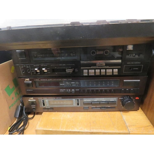 134 - A VINTAGE JVC STACKING STEREO SYSTEM TO INCLUDE AN INTEGRATED AMP FLIER, TOGETHER WITH JVC TURNTABLE... 