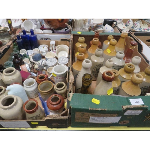 148 - TWO TRAYS OF ANTIQUE AND LATER ADVERTISING STONE WARE ETC TO INCLUDE STONE WARE BEER BOTTLES, TWO PA... 