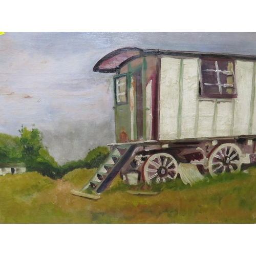 15 - A 20TH CENTURY OIL ON BOARD OF A GYPSY CARAVAN WITH A PORTRAIT STUDY VERSO