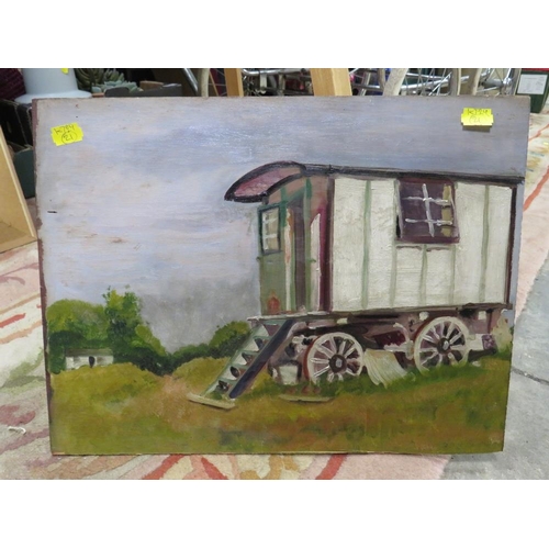 15 - A 20TH CENTURY OIL ON BOARD OF A GYPSY CARAVAN WITH A PORTRAIT STUDY VERSO