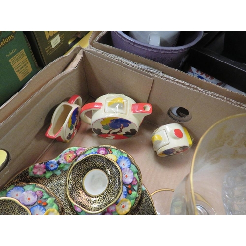 150 - TWO TRAYS OF CERAMICS AND SUNDRIES TO INCLUDE TUSCAN CHINA DRESSING TABLE SET