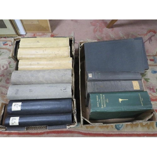 155 - TWO TRAYS OF SMITHSONIAN INSTITUTION USA, 12 VOLUMES OF TRANSACTIONS 1860'S -1920 ALSO 7 VOLUMES OF ... 