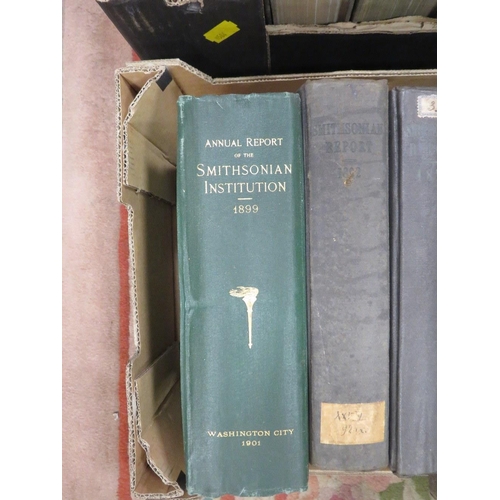 155 - TWO TRAYS OF SMITHSONIAN INSTITUTION USA, 12 VOLUMES OF TRANSACTIONS 1860'S -1920 ALSO 7 VOLUMES OF ... 