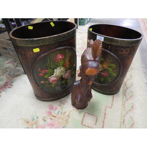 160 - TWO HAND-PAINTED FLORAL WASTE PAPER BINS TOGETHER WITH A CARVED AFRICAN STYLE STATUE