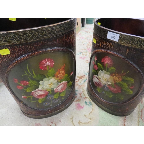 160 - TWO HAND-PAINTED FLORAL WASTE PAPER BINS TOGETHER WITH A CARVED AFRICAN STYLE STATUE