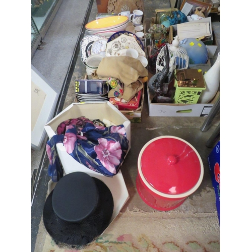 167 - FOUR TRAYS OF CERAMICS AND SUNDRIES TO INCLUDE A BREAD BIN