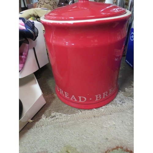 167 - FOUR TRAYS OF CERAMICS AND SUNDRIES TO INCLUDE A BREAD BIN