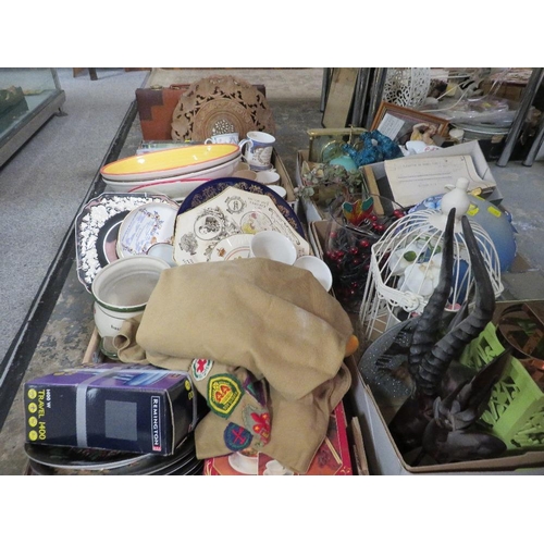 167 - FOUR TRAYS OF CERAMICS AND SUNDRIES TO INCLUDE A BREAD BIN