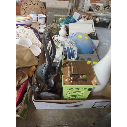 167 - FOUR TRAYS OF CERAMICS AND SUNDRIES TO INCLUDE A BREAD BIN