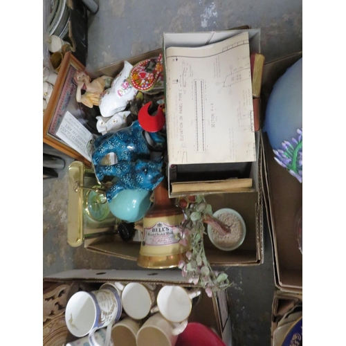 167 - FOUR TRAYS OF CERAMICS AND SUNDRIES TO INCLUDE A BREAD BIN