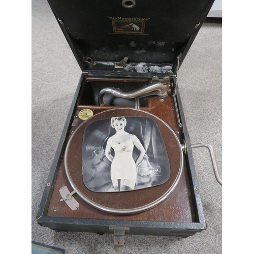 177 - A VINTAGE WIND UP HMV GRAMOPHONE (UNCHECKED) TOGETHER WITH A ALBUM OF 78'S RECORDS