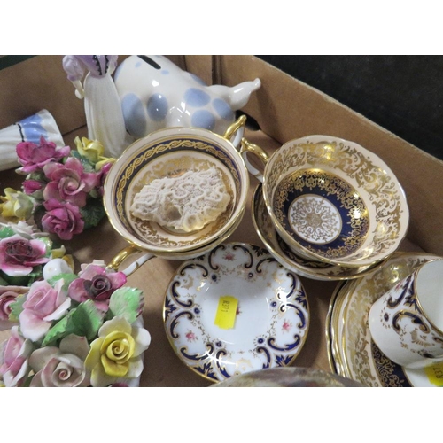 179 - A TRAY OF ASSORTED CERAMICS TO INCLUDE PARAGON CUPS AND SAUCERS