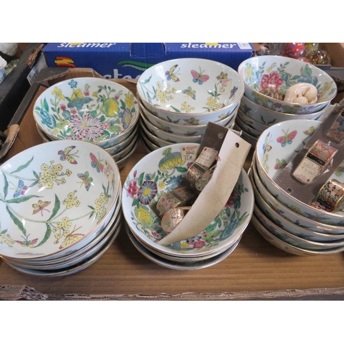 183 - A TRAY OF ASSORTED STYLE BOWLS TOGETHER WITH CLOISONNE WHISTLES