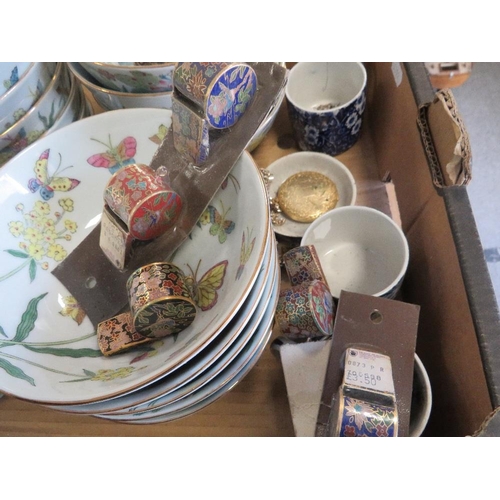 183 - A TRAY OF ASSORTED STYLE BOWLS TOGETHER WITH CLOISONNE WHISTLES