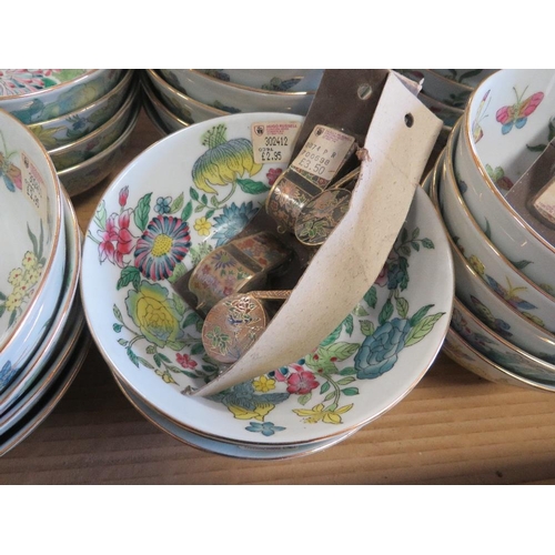 183 - A TRAY OF ASSORTED STYLE BOWLS TOGETHER WITH CLOISONNE WHISTLES