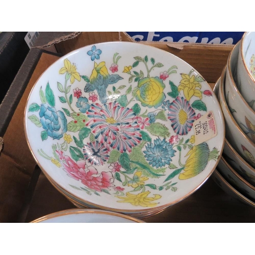 183 - A TRAY OF ASSORTED STYLE BOWLS TOGETHER WITH CLOISONNE WHISTLES