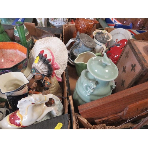 187 - TWO TRAYS OF ASSORTED CERAMICS TO INCLUDE REPRODUCTION STAFFORDSHIRE STYLE FIGURES ETC