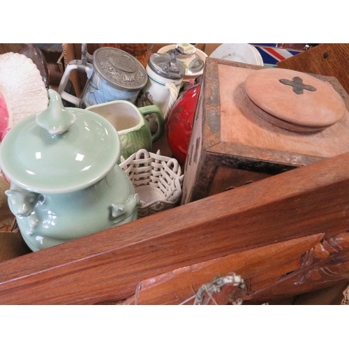 187 - TWO TRAYS OF ASSORTED CERAMICS TO INCLUDE REPRODUCTION STAFFORDSHIRE STYLE FIGURES ETC