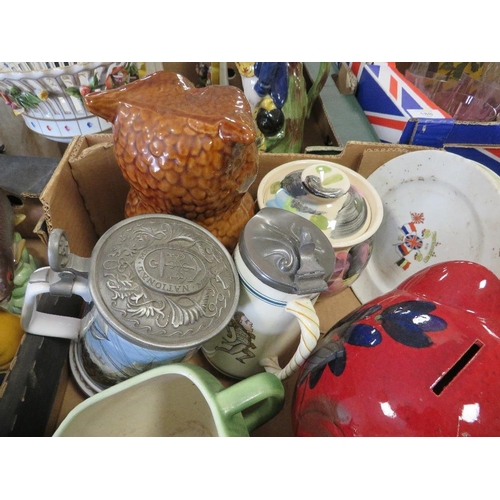 187 - TWO TRAYS OF ASSORTED CERAMICS TO INCLUDE REPRODUCTION STAFFORDSHIRE STYLE FIGURES ETC