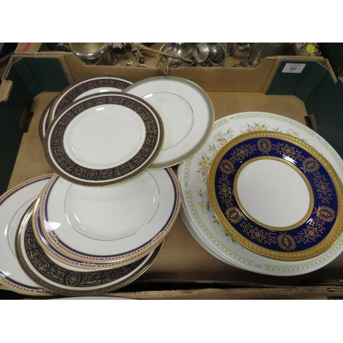 191 - TWO TRAYS OF ASSORTED CERAMICS TO INCLUDE ROYAL DORCHESTER PLATES MARKED AS SECONDS AND GILDED COALP... 