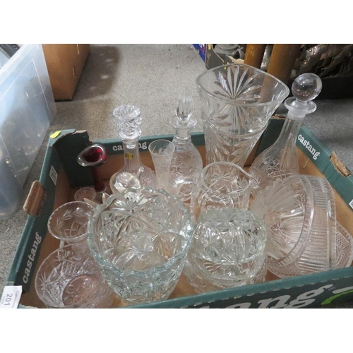 201 - A TRAY OF ASSORTED GLASSWARE TO INCLUDE DECANTERS