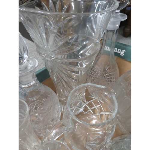 201 - A TRAY OF ASSORTED GLASSWARE TO INCLUDE DECANTERS