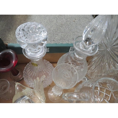 201 - A TRAY OF ASSORTED GLASSWARE TO INCLUDE DECANTERS