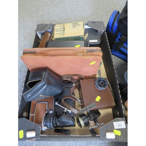 205 - A TRAY OF SUNDRIES TO INCLUDE FISHING REELS, CAMERAS, VIDEO CAMERA  ETC