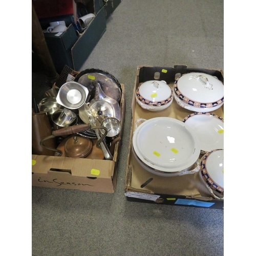 206 - A TRAY OF VINTAGE CERAMICS, TUREENS ETC TOGETHER WITH A TRAY OF ASSORTED METAL WARE