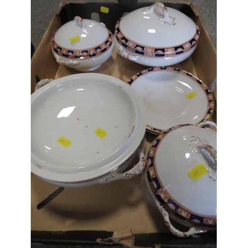 206 - A TRAY OF VINTAGE CERAMICS, TUREENS ETC TOGETHER WITH A TRAY OF ASSORTED METAL WARE