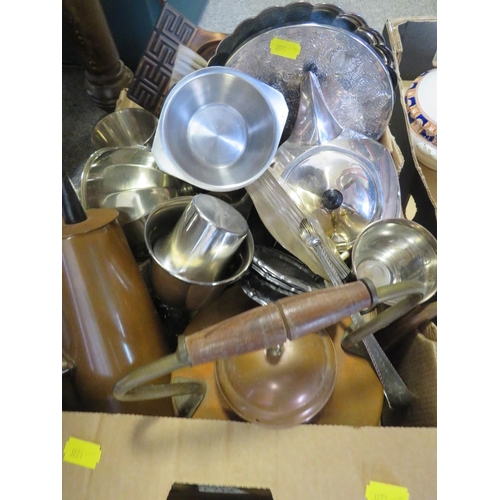 206 - A TRAY OF VINTAGE CERAMICS, TUREENS ETC TOGETHER WITH A TRAY OF ASSORTED METAL WARE