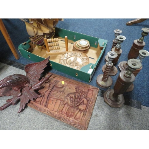 210 - A TRAY OF TREEN TO INCLUDE CARVED BLACK FOREST STYLE EAGLE, MODEL SAIL SHIP ETC