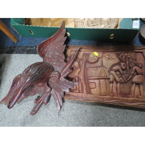 210 - A TRAY OF TREEN TO INCLUDE CARVED BLACK FOREST STYLE EAGLE, MODEL SAIL SHIP ETC