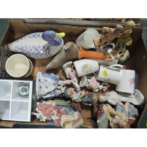 211 - THREE TRAYS OF MIXED COLLECTABLES TO INCLUDE ROYAL WORCESTER TUREEN, FIGURES, BASSETT SWEET JAR ETC