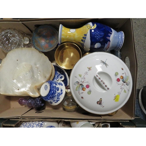 211 - THREE TRAYS OF MIXED COLLECTABLES TO INCLUDE ROYAL WORCESTER TUREEN, FIGURES, BASSETT SWEET JAR ETC