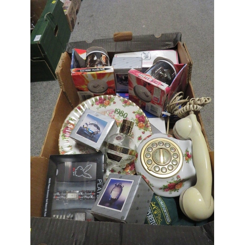 214 - A TRAY OF VINTAGE COLLECTABLE'S INCLUDE PLAYBOY BOXED ITEMS, ROYAL ALBERT TELEPHONE AND PLATE, BOXED... 