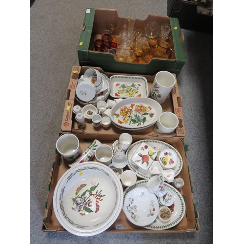 215 - TWO TRAYS OF MOSTLY PORTMEIRION TOGETHER WITH A TRAY OF GLASSWARE