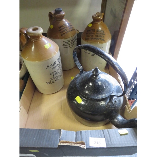 218 - THREE WOLVERHAMPTON ADVERTISING STONE WARE FLAGONS TOGETHER WITH A STOVE TOP KETTLE