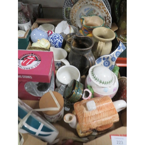 223 - TWO TRAYS OF ASSORTED CERAMICS TO INCLUDE TEA POTS, CHEESE DISH ETC