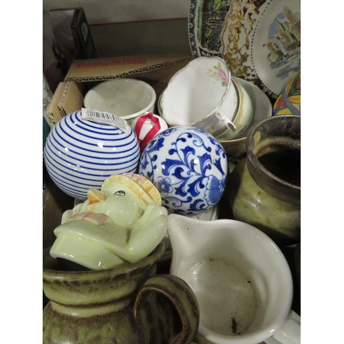 223 - TWO TRAYS OF ASSORTED CERAMICS TO INCLUDE TEA POTS, CHEESE DISH ETC