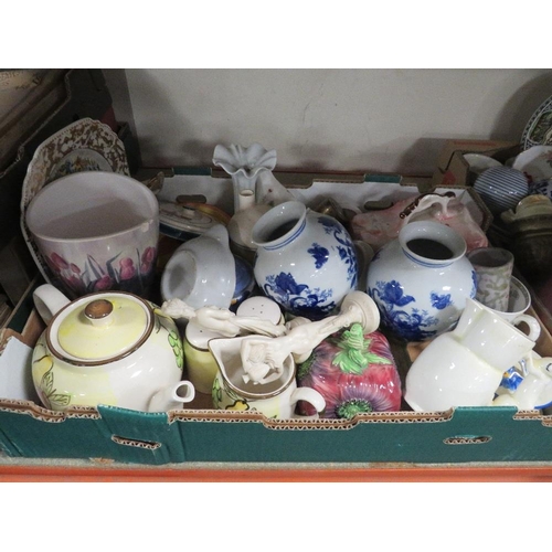 223 - TWO TRAYS OF ASSORTED CERAMICS TO INCLUDE TEA POTS, CHEESE DISH ETC