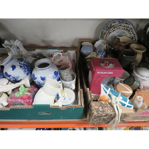 223 - TWO TRAYS OF ASSORTED CERAMICS TO INCLUDE TEA POTS, CHEESE DISH ETC