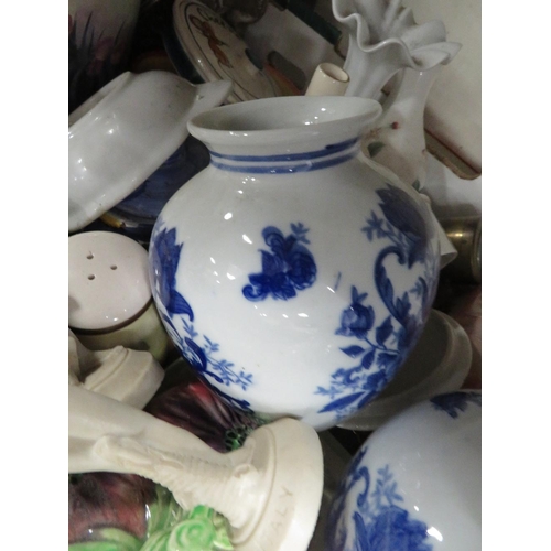 223 - TWO TRAYS OF ASSORTED CERAMICS TO INCLUDE TEA POTS, CHEESE DISH ETC