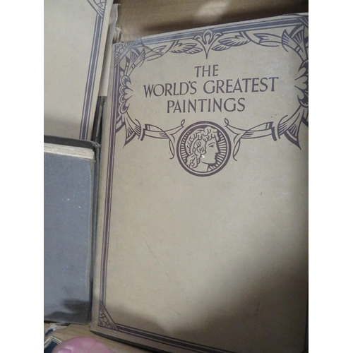 224 - TWO TRAYS OF ANTIQUE BOOKS ETC TO THE INCLUDE THE WORLDS GREATEST PAINTINGS