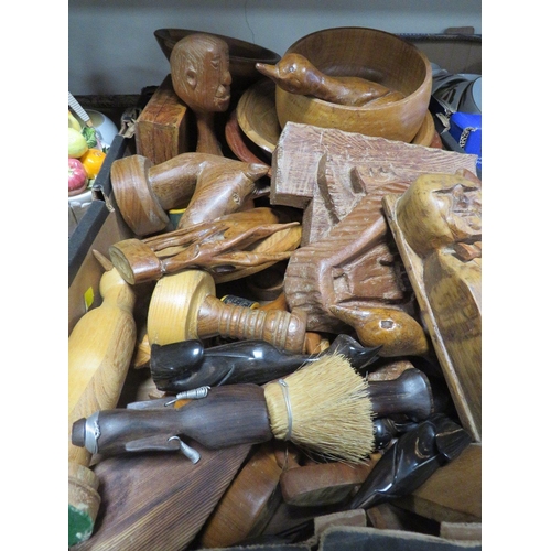 228 - A TRAY OF TREEN TOGETHER WITH A TRAY OF SUNDRIES